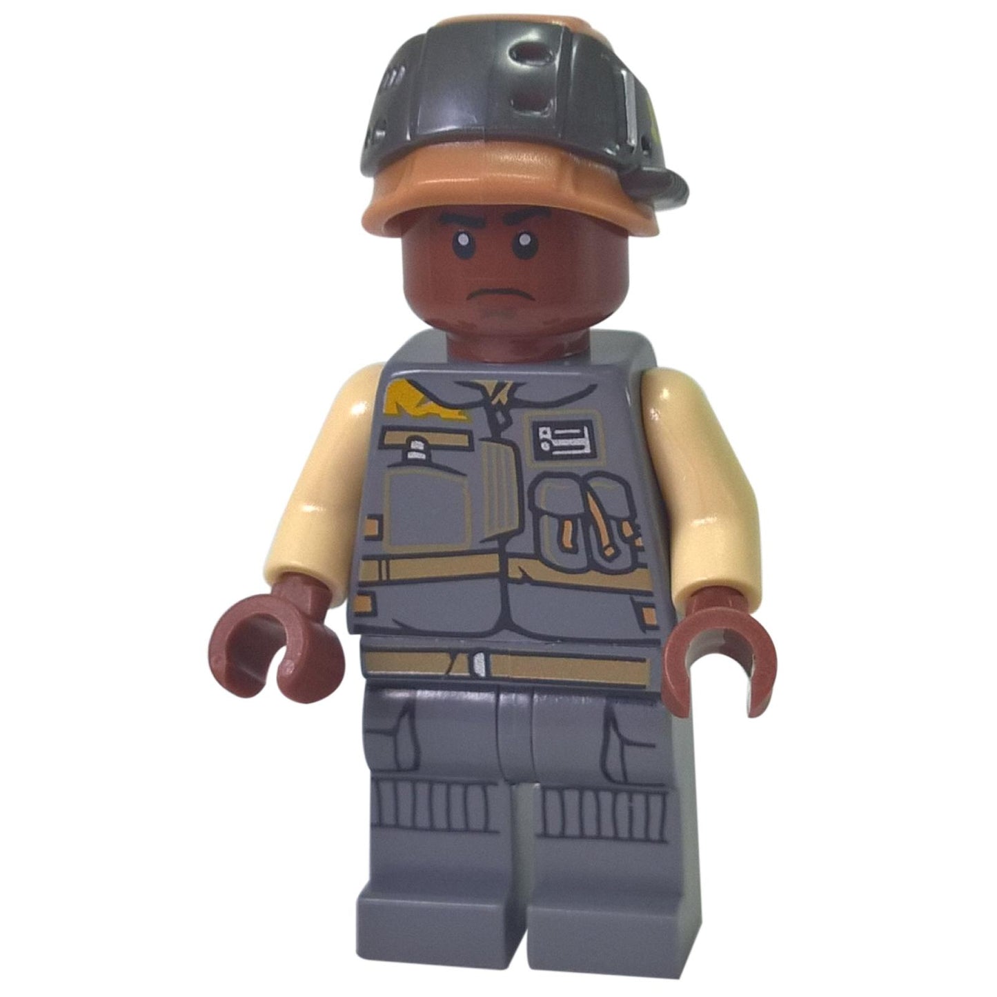LEGO® Star Wars™ Rebel Trooper – Corporal Tonc minifigure (sw0806) front view, featuring tan arms, gray uniform with printed tactical vest, and dark tan helmet with gray details. Displayed on a white background.  