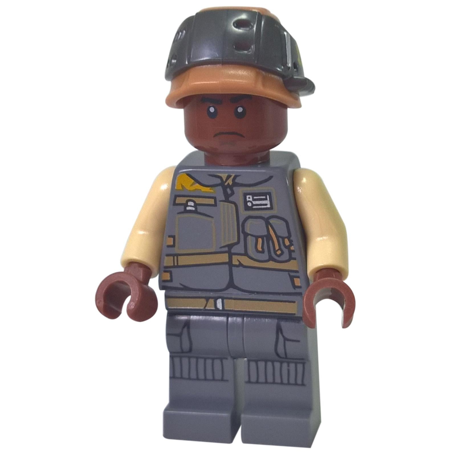 LEGO® Star Wars™ Rebel Trooper – Corporal Tonc minifigure (sw0806) front view, featuring tan arms, gray uniform with printed tactical vest, and dark tan helmet with gray details. Displayed on a white background.  