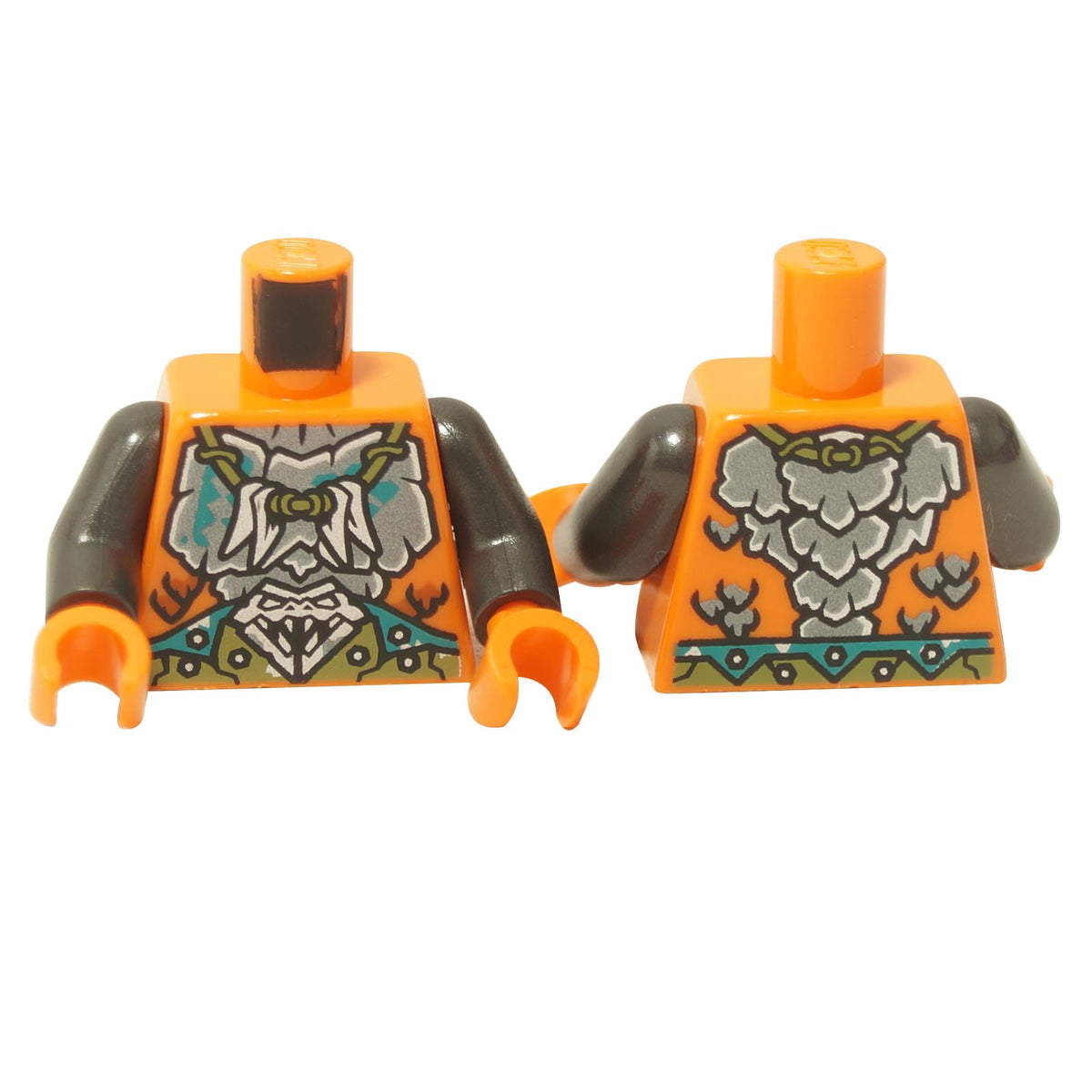 Front and back views of the LEGO® minifigure torso (973pb4558c01) in orange, featuring a detailed silver and copper snake head breastplate, olive green necklace and belt, dark turquoise trim, and dark bluish gray arms.