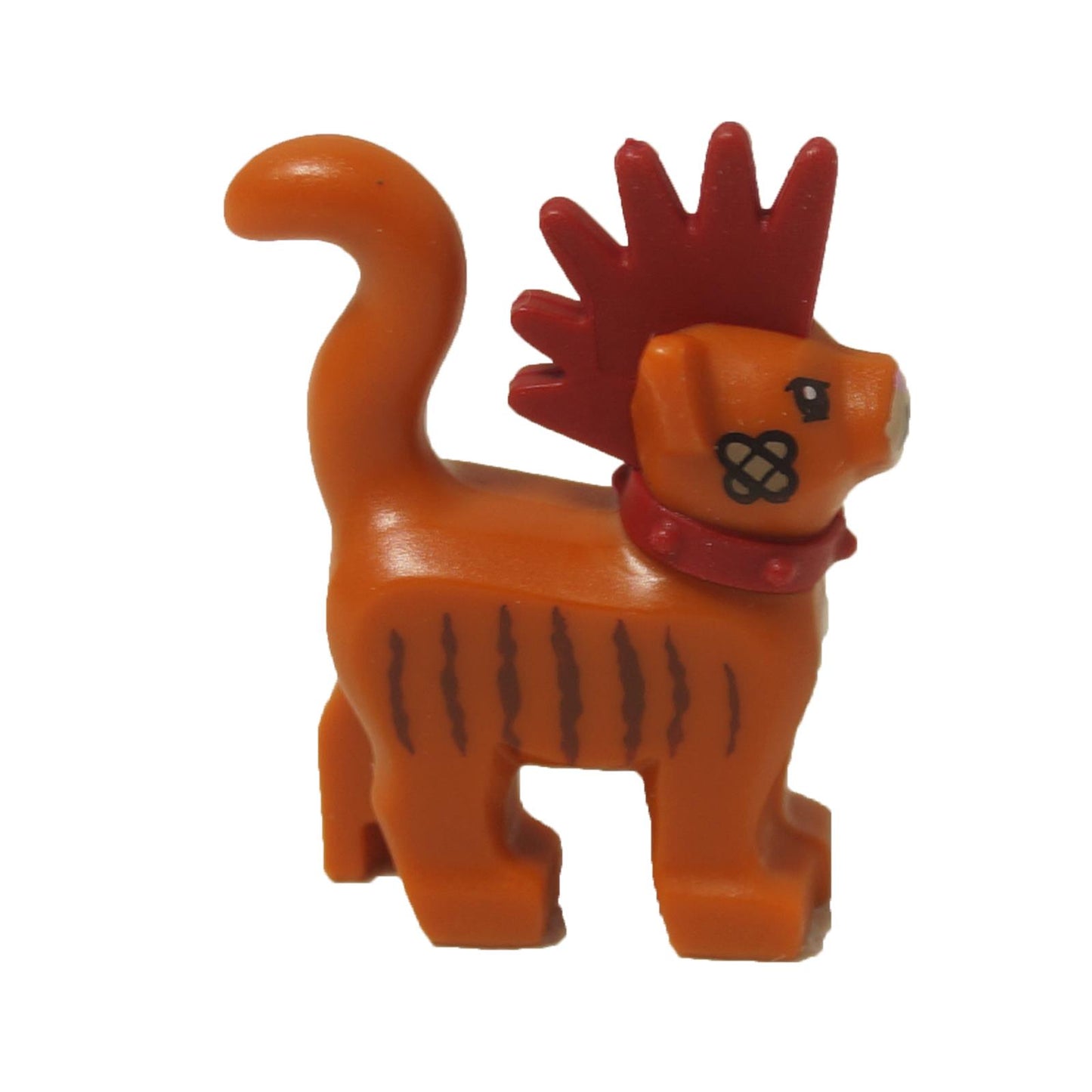 LEGO® Ninjago Scarfield the Cat figure (39742pb01) with dark red mohawk and printed stripes, side view. Side view.