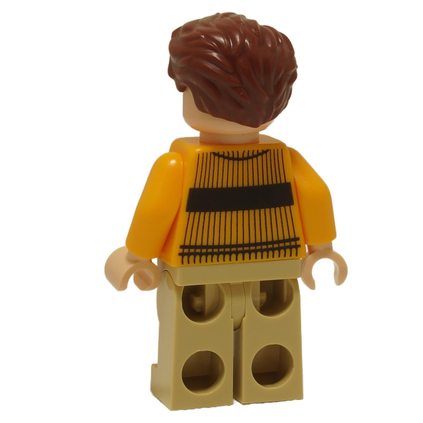 Back view of LEGO Cedric Diggory minifigure hp405 wearing yellow Quidditch sweater and tan legs