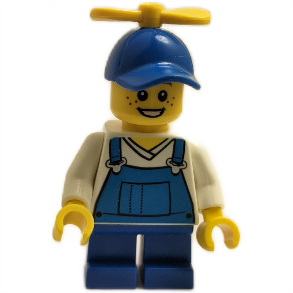 LEGO Billy McCloud minifigure, front view, blue overalls and propeller cap.