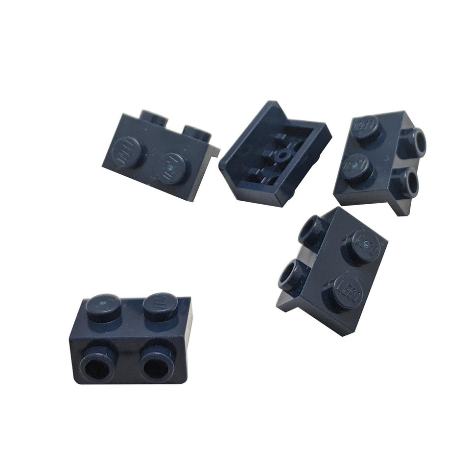 5 LEGO Bracket 1x2 - 1x2 pieces in dark blue, multiple views.