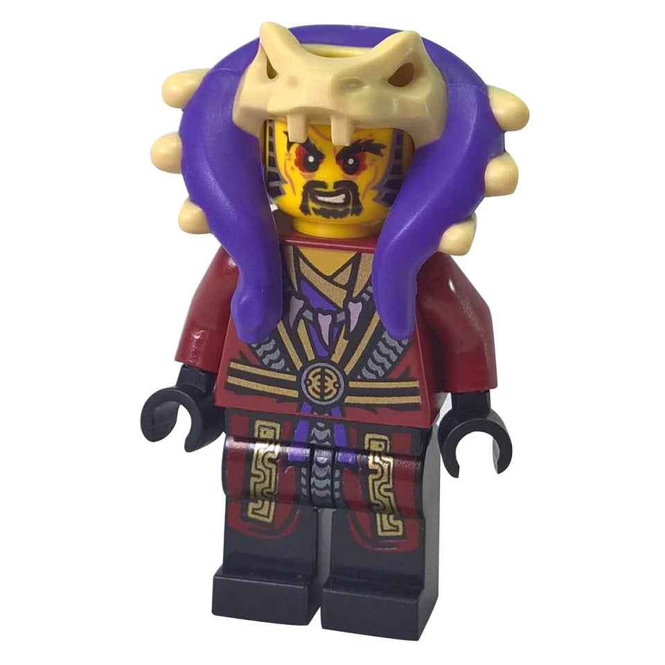 LEGO® Chen-Minifigur mit lila Anacondrai-Kopfschmuck, roten und schwarzen Roben und detaillierter Druckgestaltung aus NINJAGO® Staffel 4