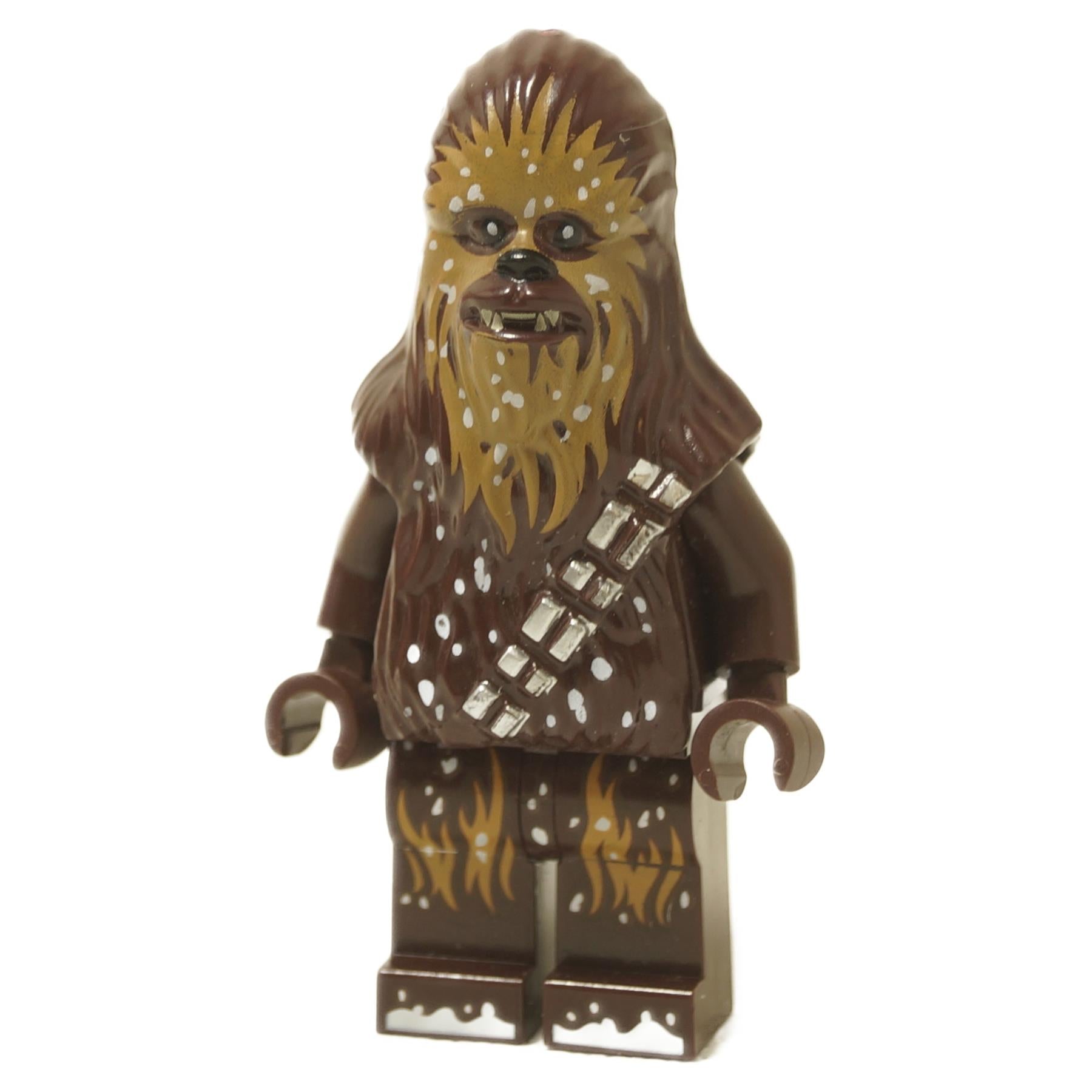 LEGO minifigure of Chewbacca with a winter look, featuring brown fur with printed snowflakes and icy detailing on legs and torso, wearing a signature bandolier.