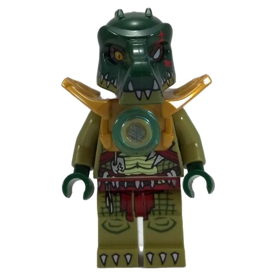 LEGO Chima Cragger minifigure loc051 with a dark green crocodile helmet, golden shoulder armor, and a trans-green CHI orb. Front view.