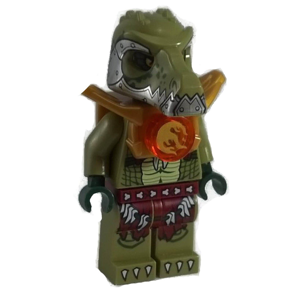 LEGO Chima Crokenburg minifigure loc121 with an armored crocodile helmet, golden armor, and a trans-orange Fire Chi orb. Front view.