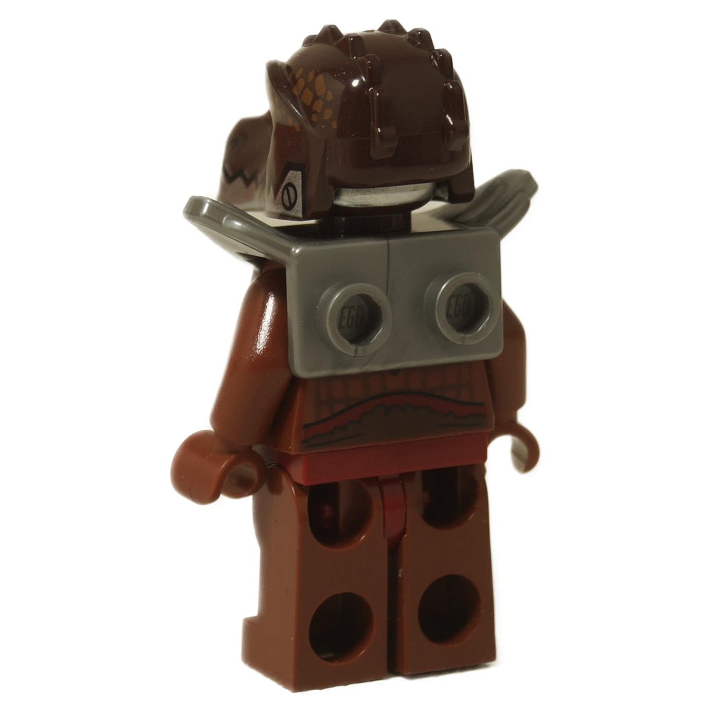 Back view of LEGO Crug minifigure showing the dark grey CHI backpack accessory connection.