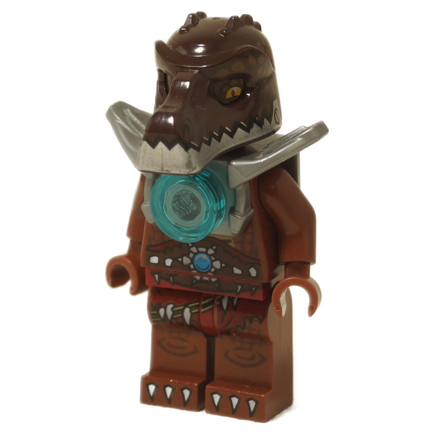 LEGO Legends of Chima Crug minifigure (loc109) with brown crocodile headgear and flat silver shoulder armor with a translucent blue Chi orb.

