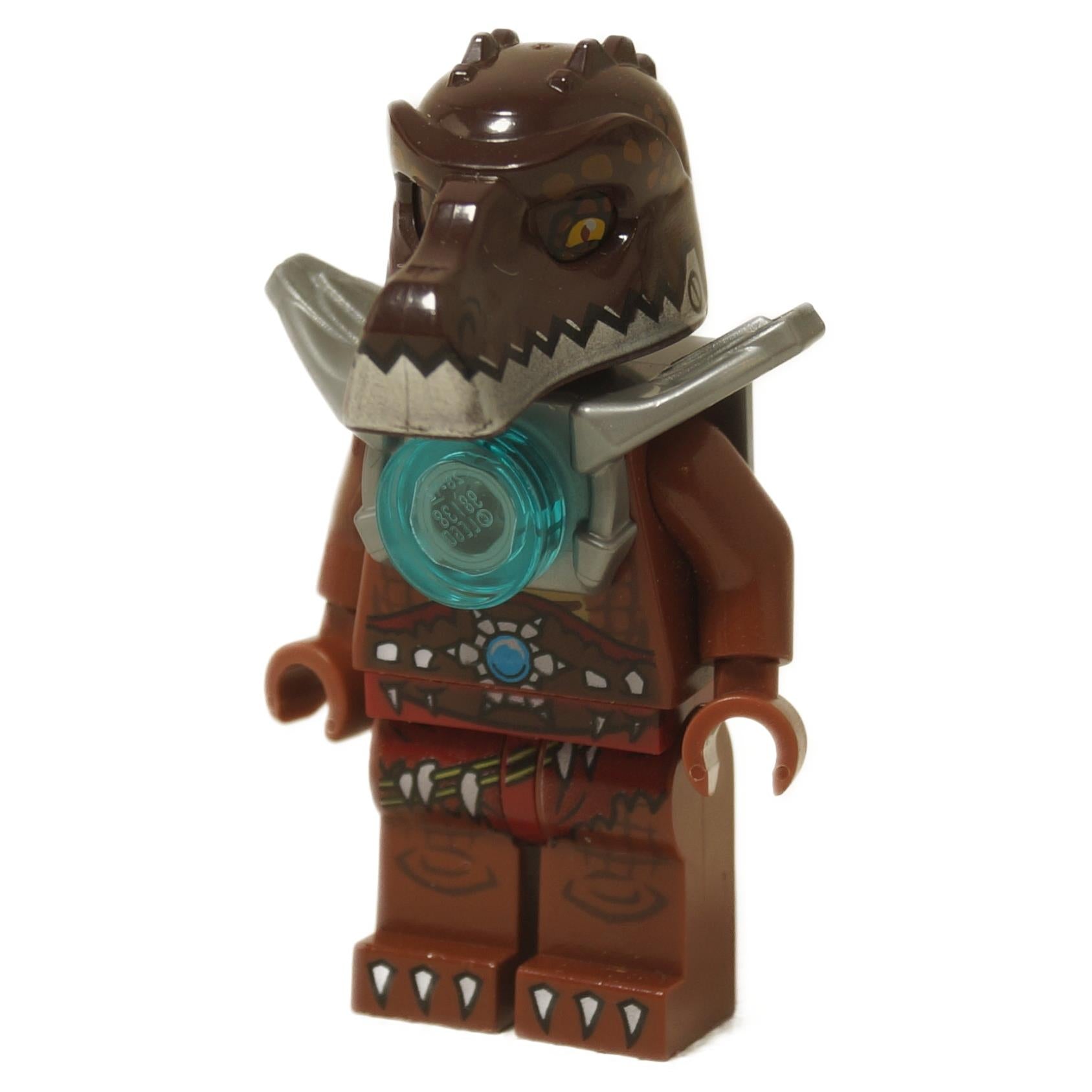 LEGO Legends of Chima Crug minifigure (loc109) with brown crocodile headgear and flat silver shoulder armor with a translucent blue Chi orb.
