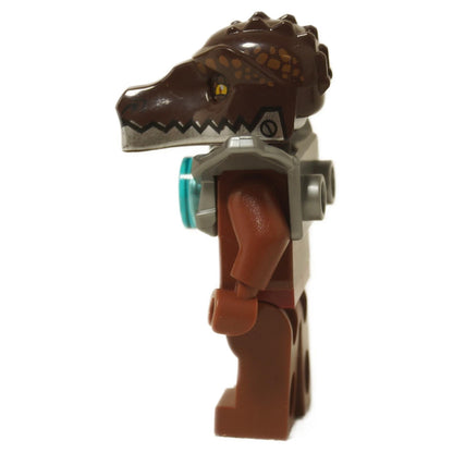 Side view of LEGO Crug minifigure showing the large brown crocodile head mold and silver shoulder armor.