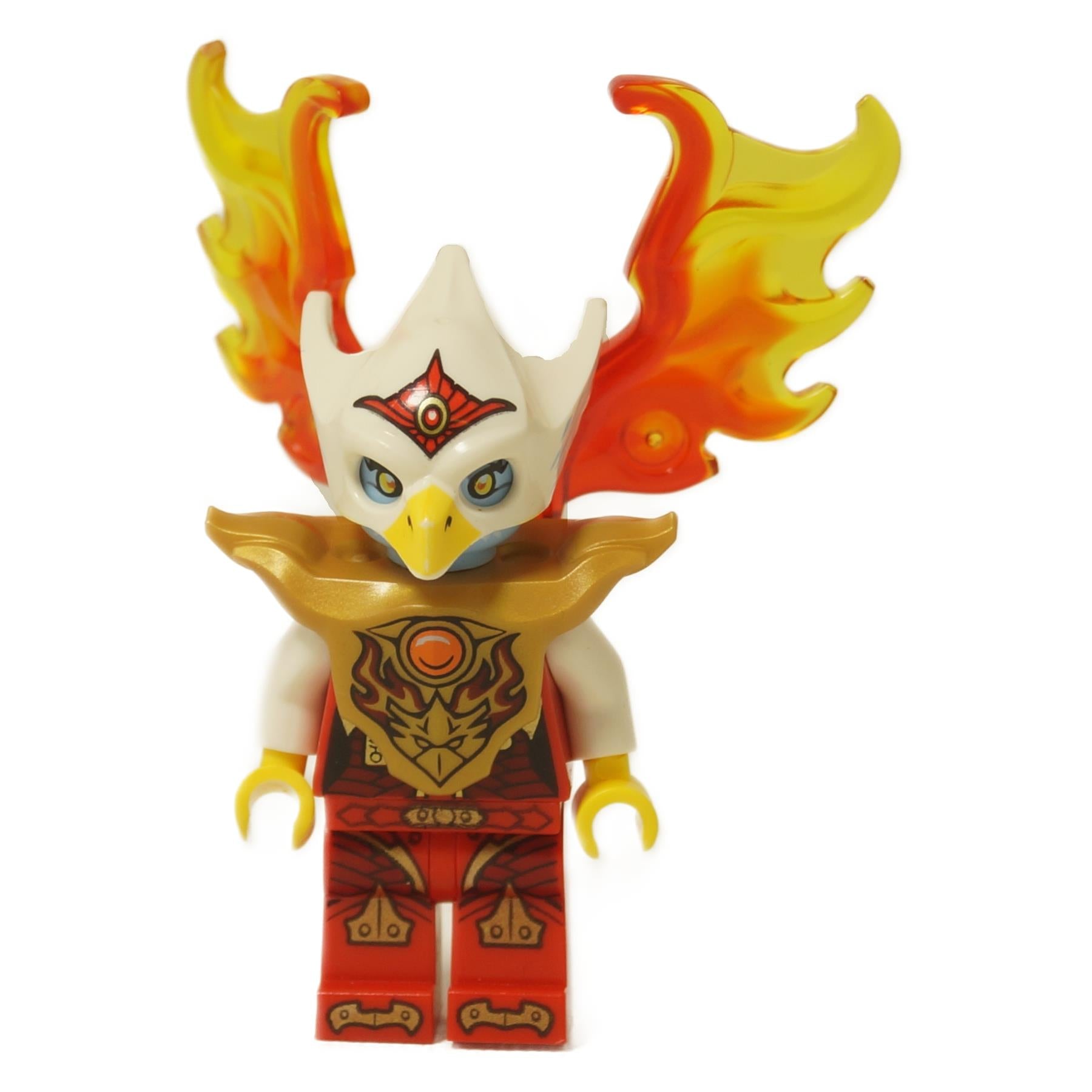 LEGO Legends of Chima Eris 미니피겨 (loc138) 불의 치 파워 모드, 황금 갑옷, 흰색 독수리 헬멧, 대형 반투명 노란색 및 주황색 불꽃 날개와 함께.