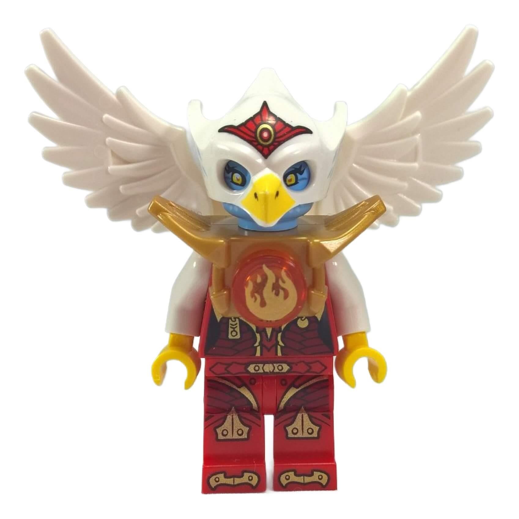 LEGO Chima Fire Chi Eris minifigure loc098 with white wings, white eagle helmet, golden armor, and a trans-orange Fire Chi orb on her red torso. Front view.
