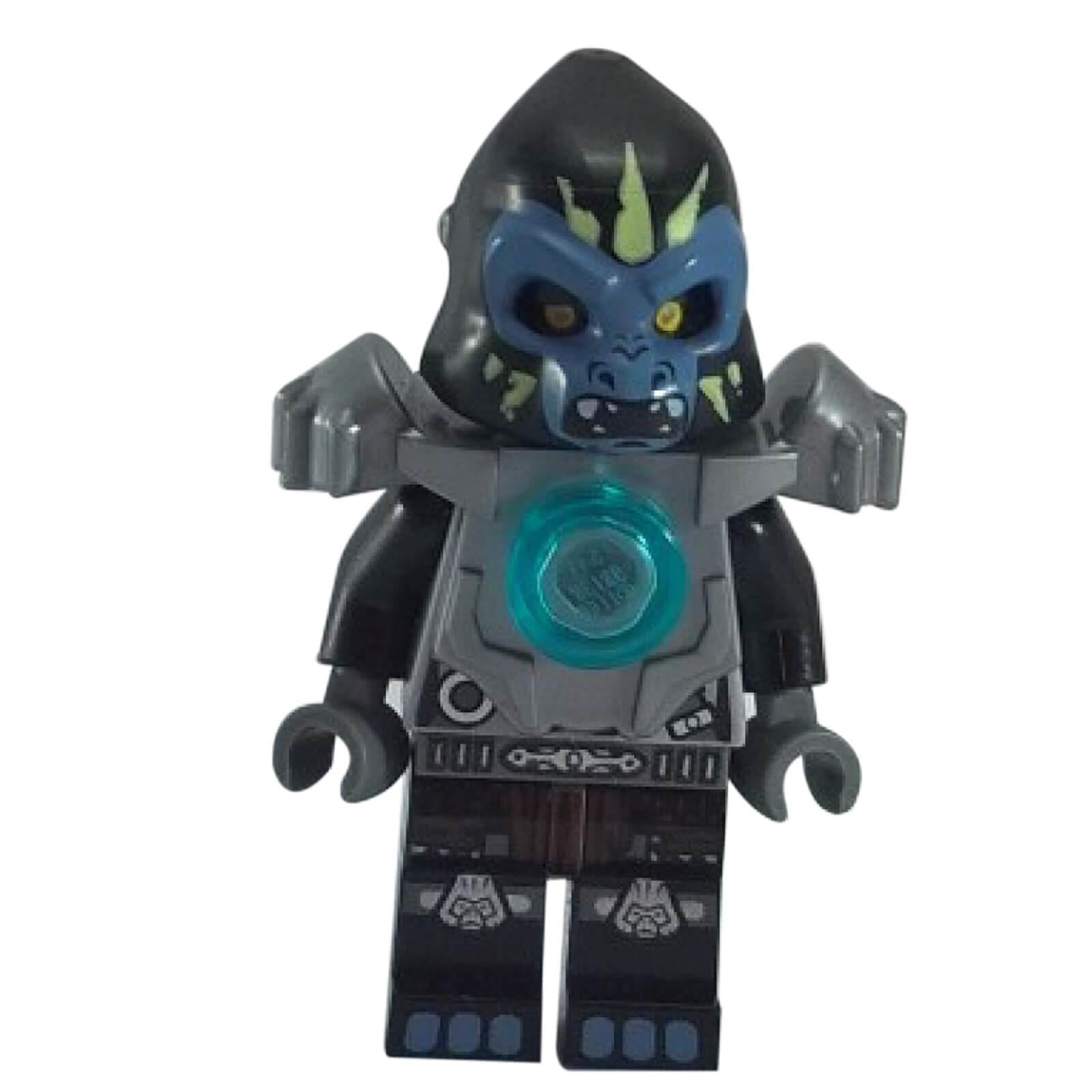LEGO Chima Gorzan minifigure loc050 wearing dark gray heavy armor with shoulder pads and a blue CHI orb, front view.