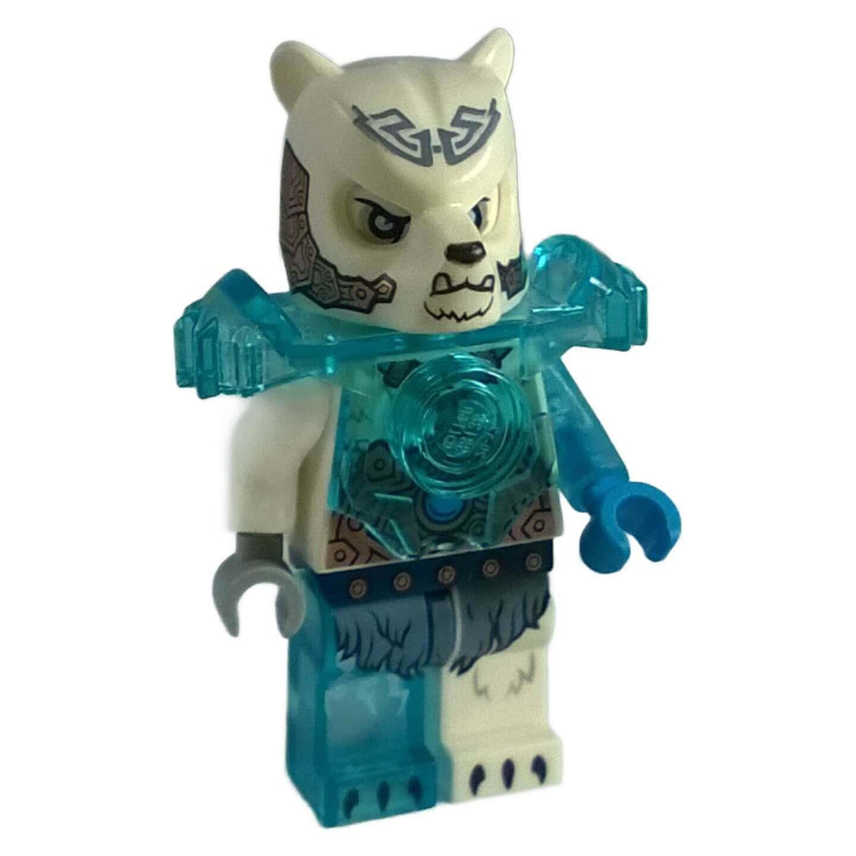 LEGO Chima Icerlot minifigure loc118, an undead ice bear warrior with translucent blue armor and a translucent left arm and leg. Front view.