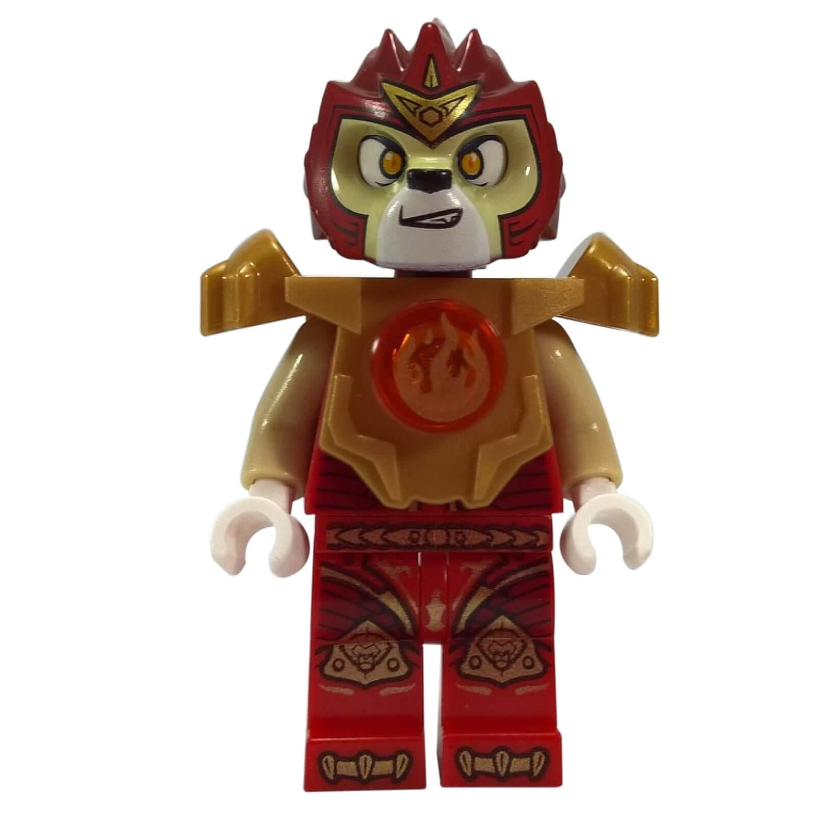 LEGO Chima Fire Chi Laval minifigure loc093 with dark red lion helmet, heavy gold armor, and a trans-orange Fire Chi orb. Front view.