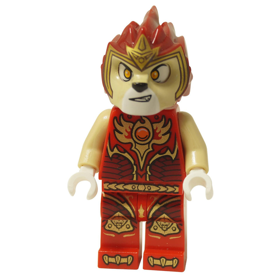 Minifigura LEGO Chima Fire Chi Laval loc101 com capacete de leão vermelho escuro e armadura vermelha impressa com asas douradas. Vista frontal.