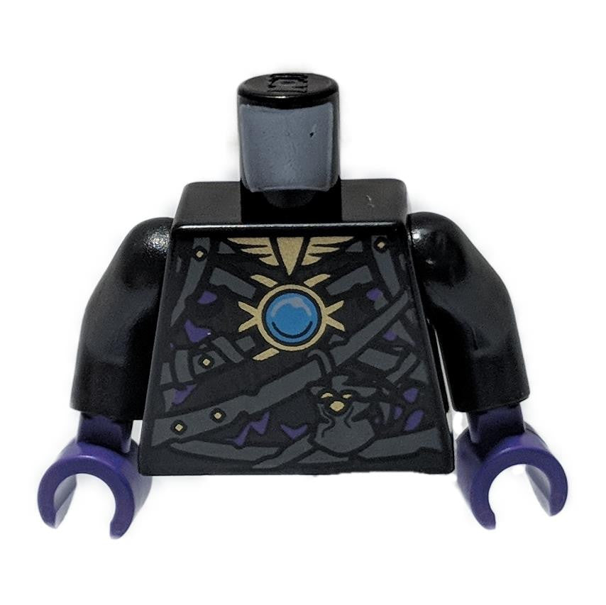 Torso LEGO Chima, negro con joya Chi azul y manos púrpuras, vista frontal