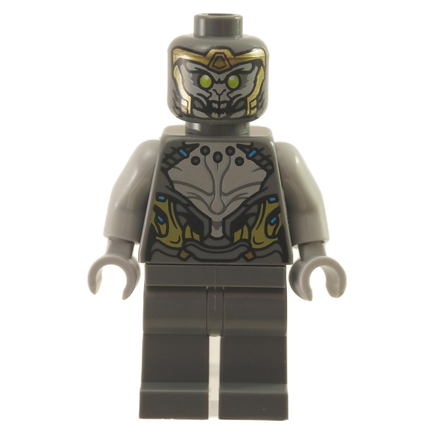 Chitauri minifigure with dark bluish gray armor and alien head design
