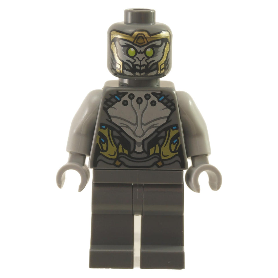 Chitauri minifigure with dark bluish gray armor and alien head design
