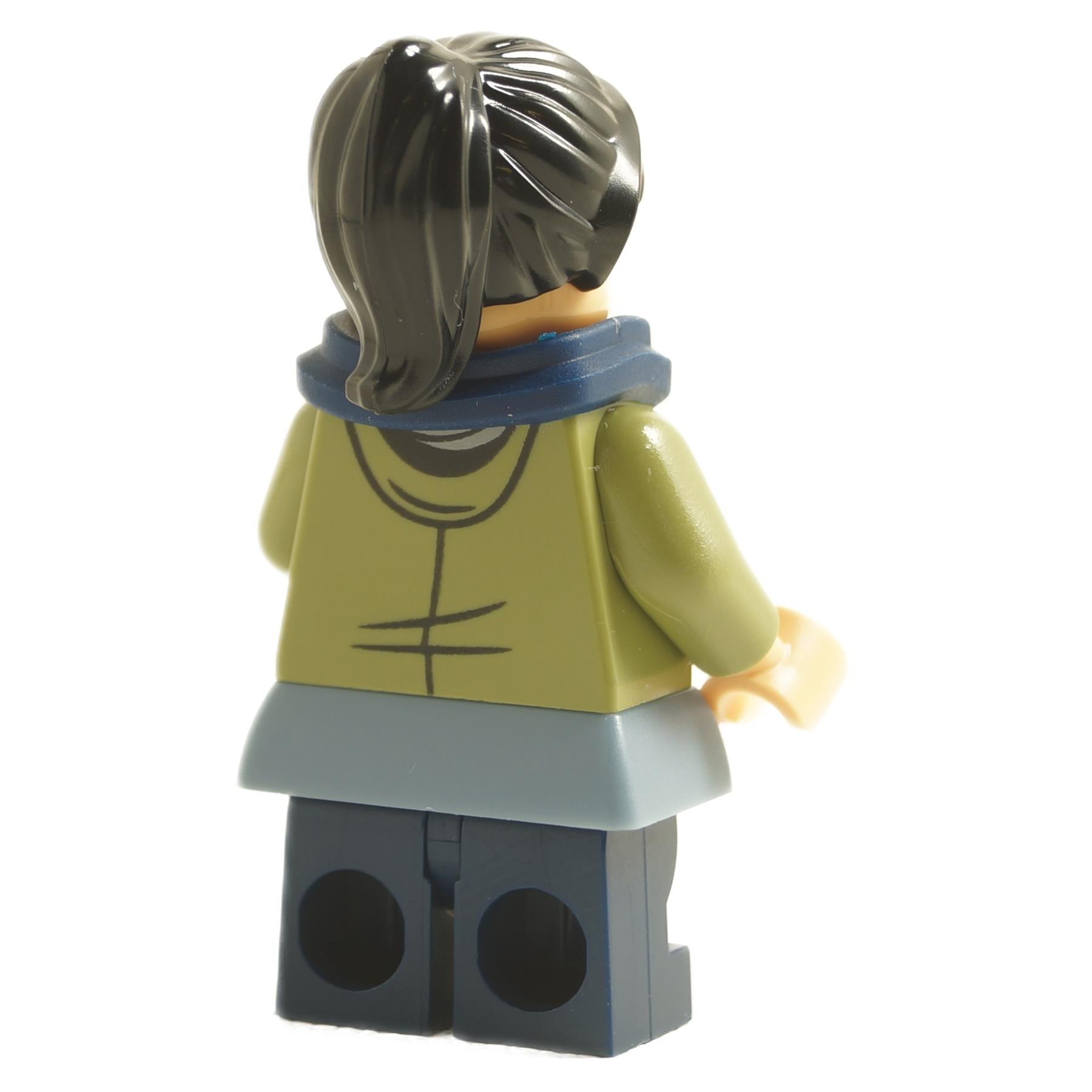 Cho Chang hp469 back view with olive green jacket rear print, dark blue scarf and dark hair piece