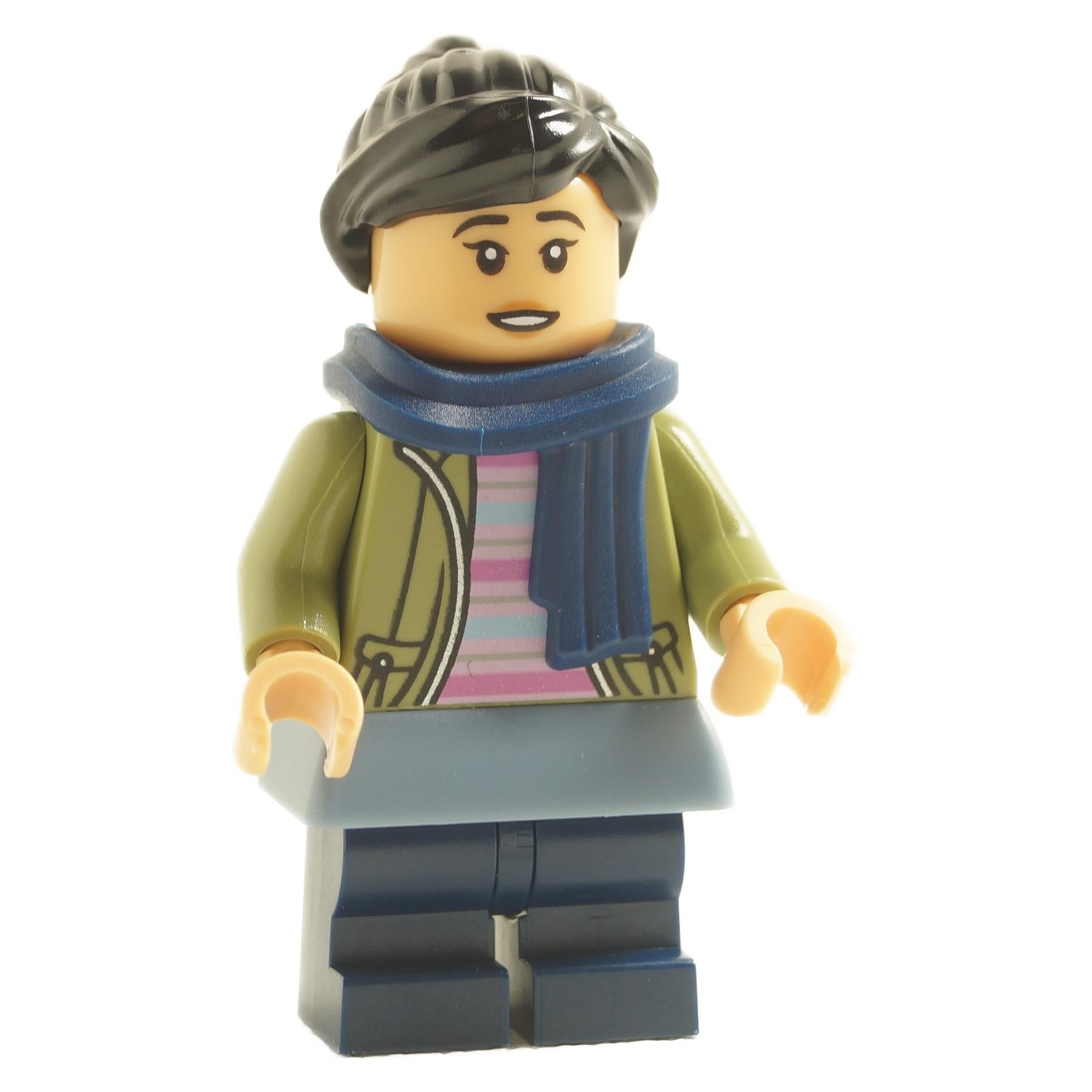 LEGO minifigure of Cho Chang wearing an olive green jacket, dark blue scarf, and a knit cap.