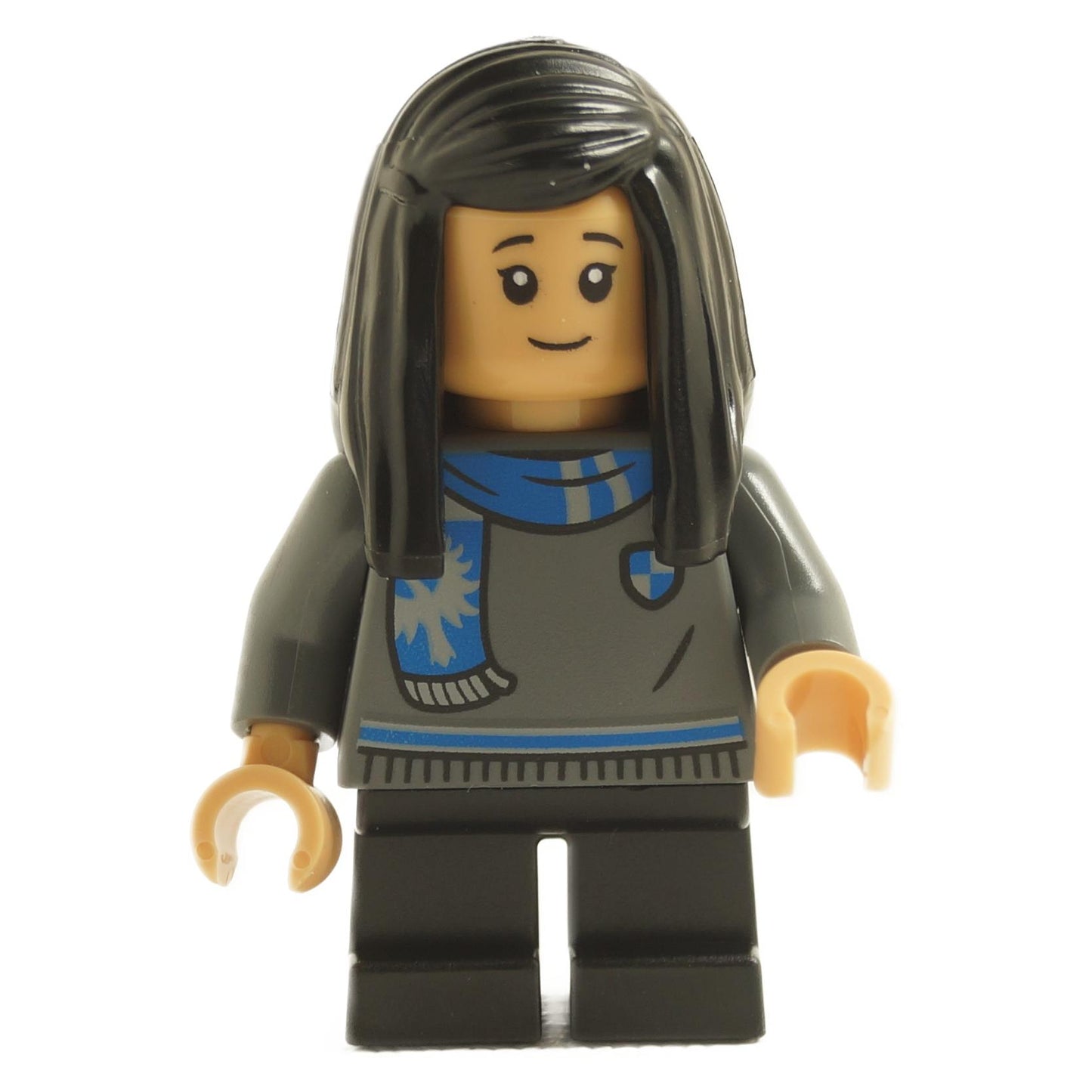 Cho Chang hp522 minifigure with Ravenclaw sweater, blue scarf and long dark hair piece with smiling expression
