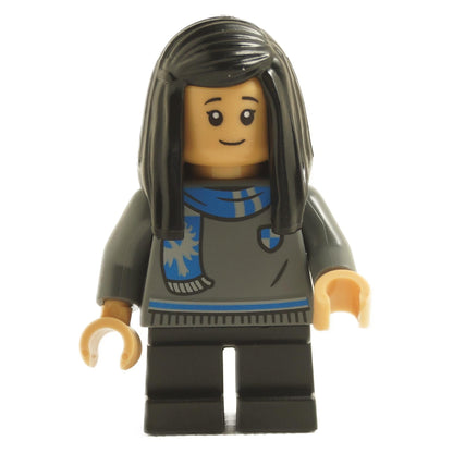 Cho Chang hp522 minifigure with Ravenclaw sweater, blue scarf and long dark hair piece with smiling expression