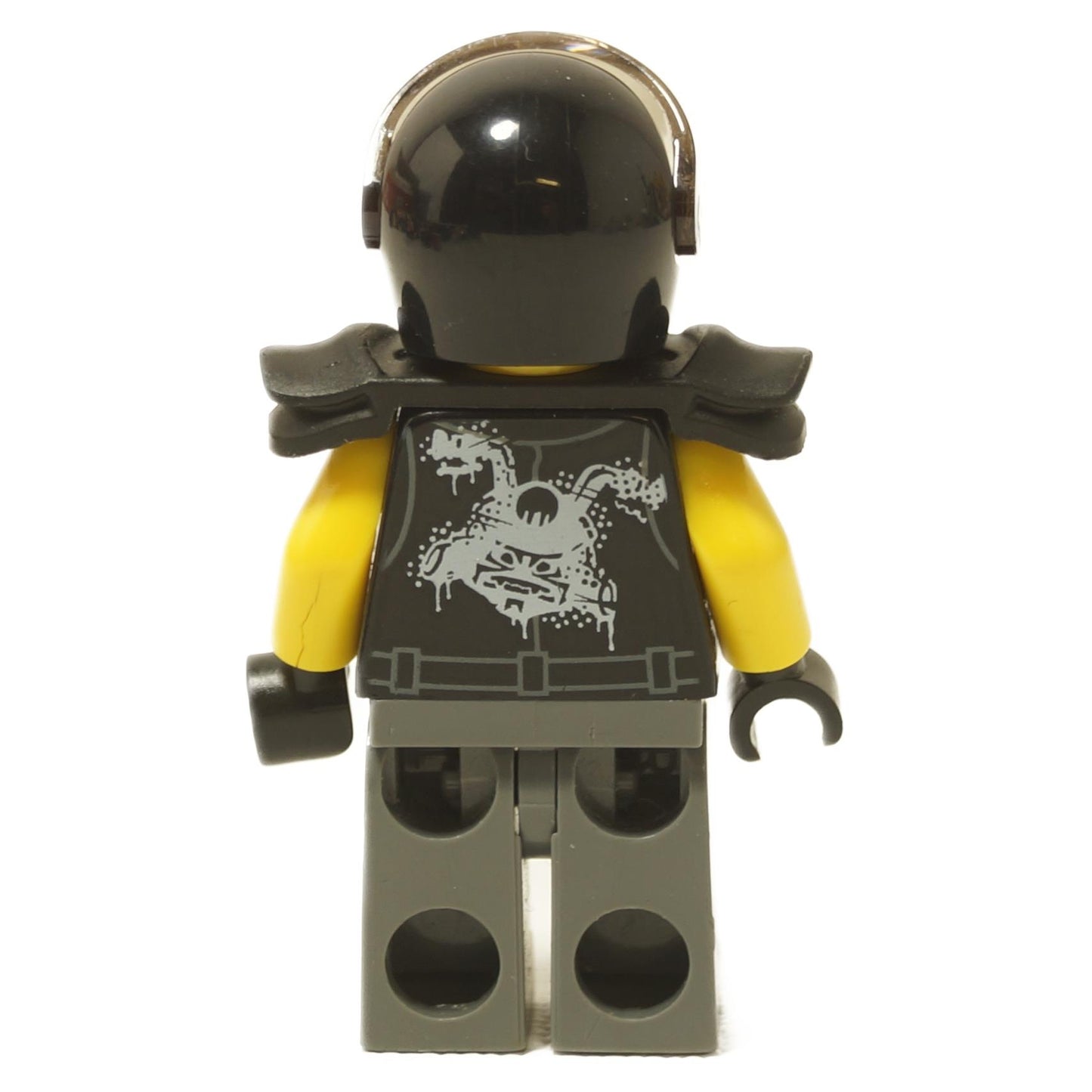 LEGO® Chopper Maroon minifigure njo0399 back view with black helmet, shoulder pads and printed dragon emblem close-up