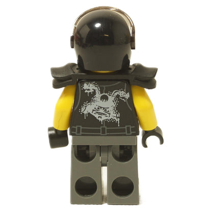LEGO® Chopper Maroon minifigure njo0399 back view with black helmet, shoulder pads and printed dragon emblem close-up