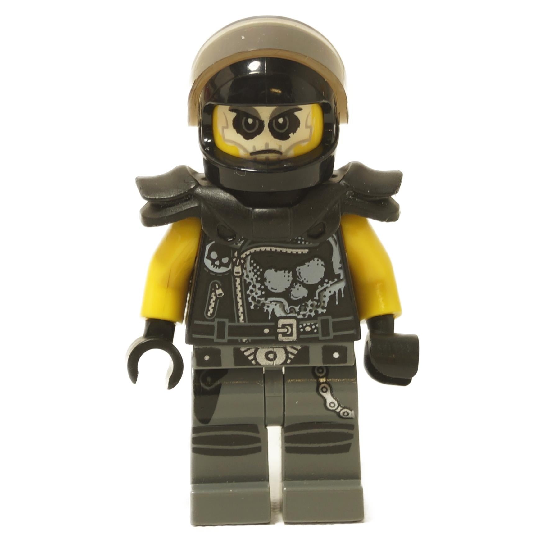 LEGO minifigure representing Chopper Maroon from the NINJAGO universe, with a black helmet and shoulder pads, yellow arms, and dark gray legs, detailed with skull prints and biker gear.