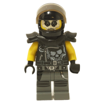 LEGO minifigure representing Chopper Maroon from the NINJAGO universe, with a black helmet and shoulder pads, yellow arms, and dark gray legs, detailed with skull prints and biker gear.