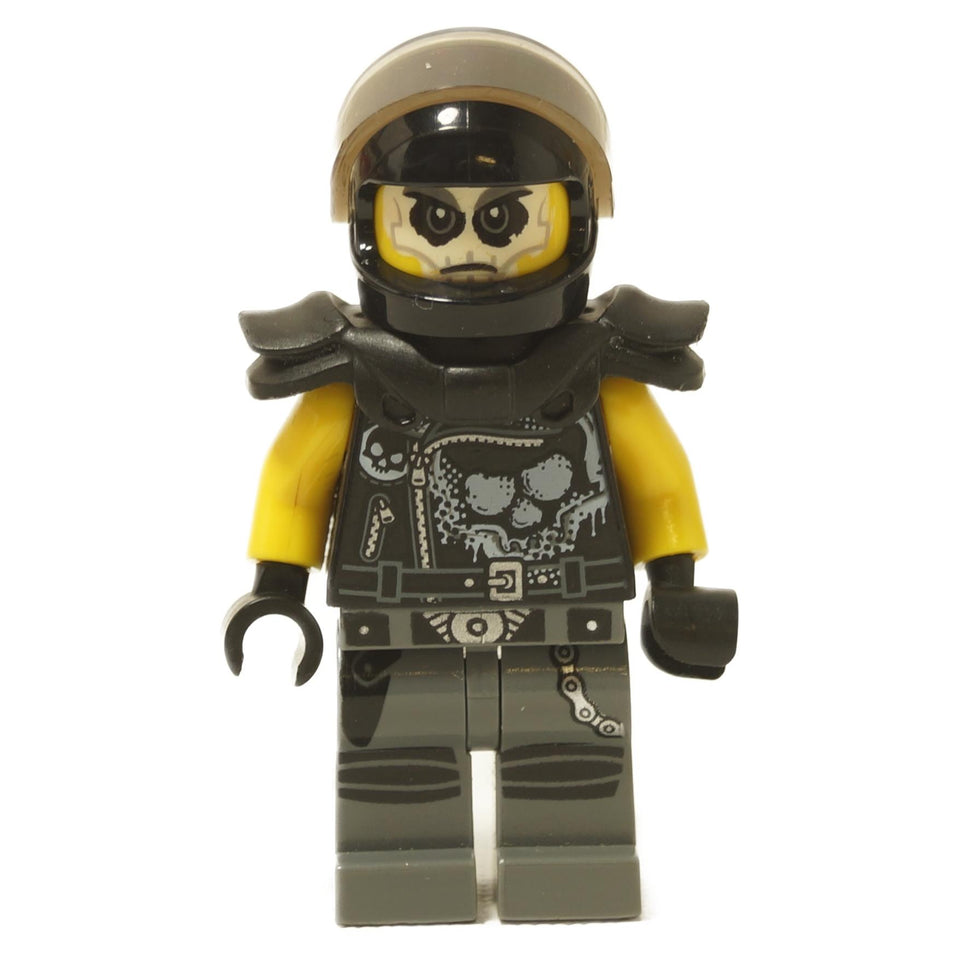 LEGO minifigure representing Chopper Maroon from the NINJAGO universe, with a black helmet and shoulder pads, yellow arms, and dark gray legs, detailed with skull prints and biker gear.