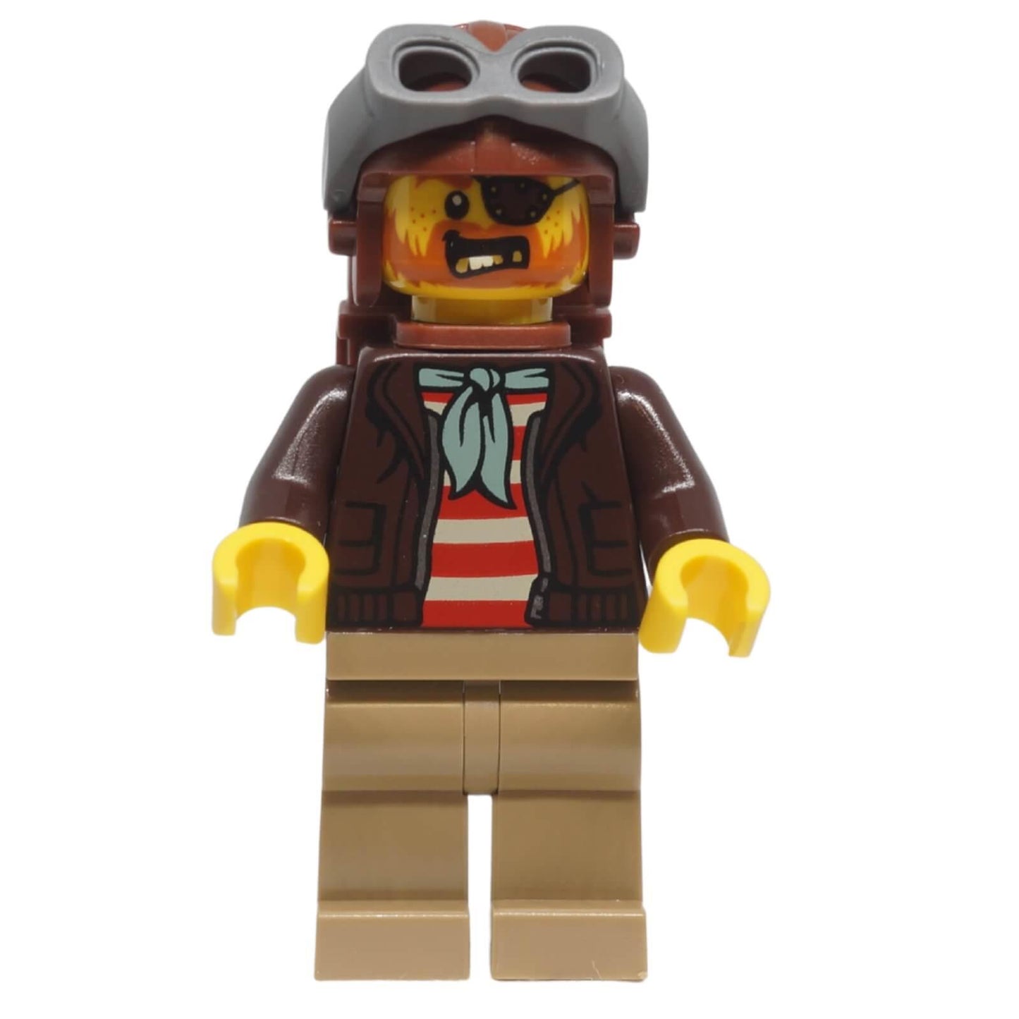 Front view of LEGO® Chuck D. Goldberg minifigure cty1499 wearing an aviator helmet, backpack and Stuntz outfit