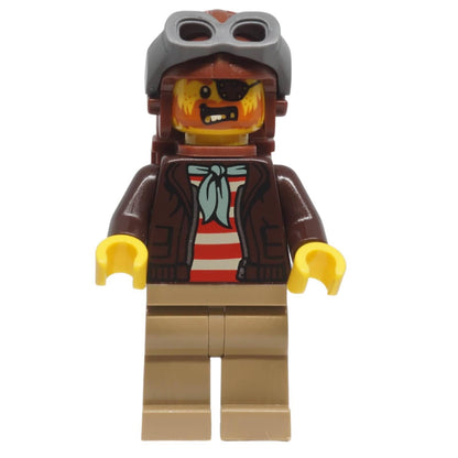 Front view of LEGO® Chuck D. Goldberg minifigure cty1499 wearing an aviator helmet, backpack and Stuntz outfit