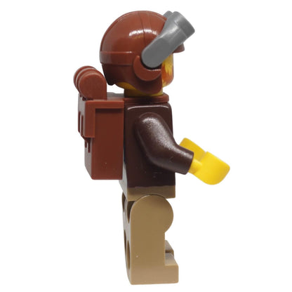 Side view of LEGO® Chuck D. Goldberg minifigure cty1499 showing aviator helmet and backpack