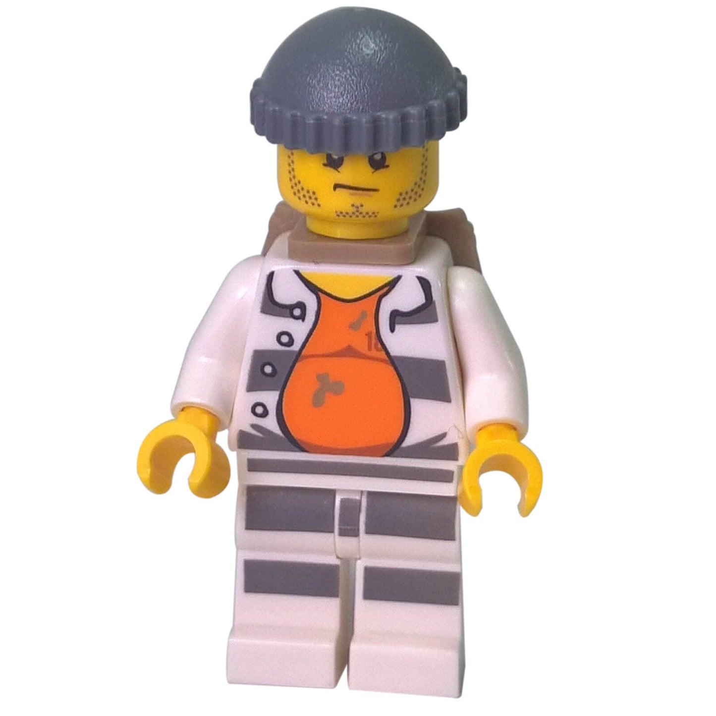 front view of LEGO® City Bandit Crook minifigure cty0618 with prison shirt, backpack and dark bluish gray beanie