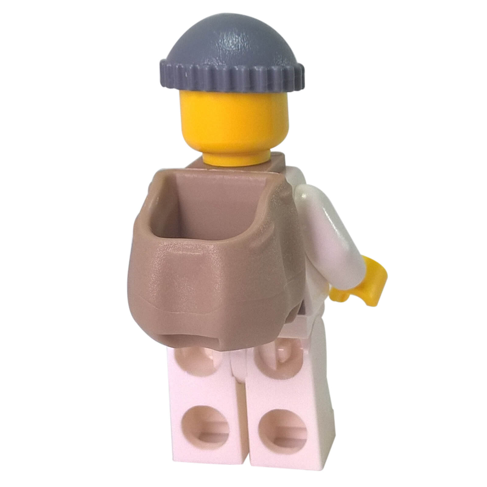 backview of LEGO® City Bandit Crook minifigure cty0618 with prison shirt, backpack and dark bluish gray beanie