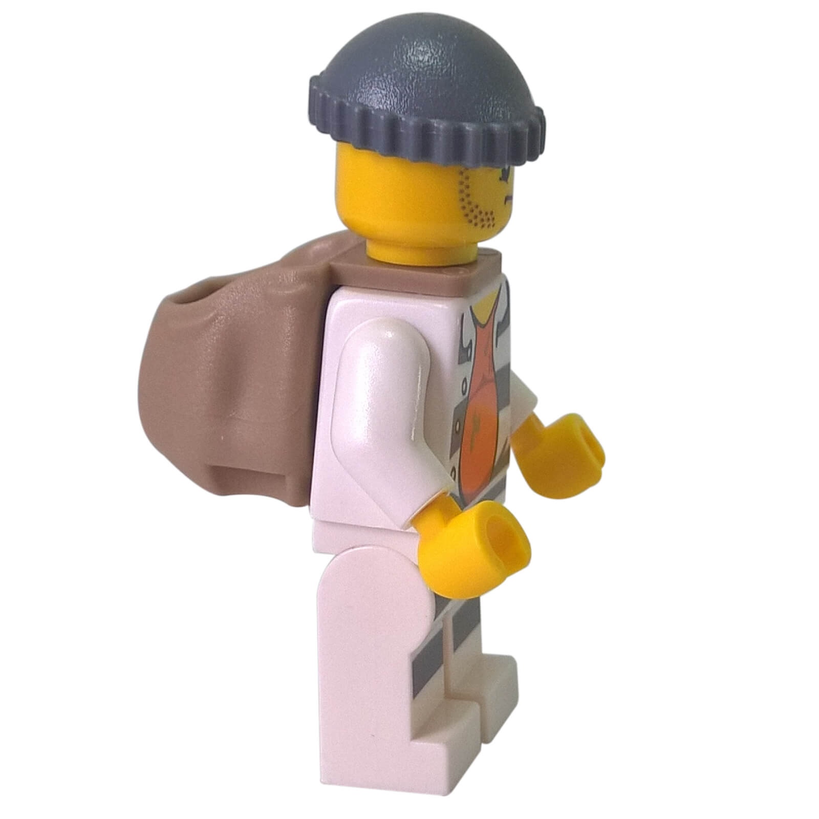 Side view of LEGO® City Bandit Crook minifigure cty0618 with prison shirt, backpack and dark bluish gray beanie