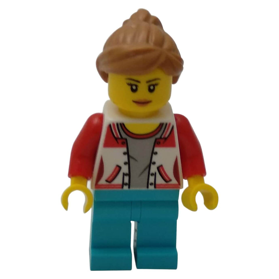 LEGO® City Bus Passenger Female minifigure cty0783 wearing a red and white letterman jacket with number 8 and sand blue legs