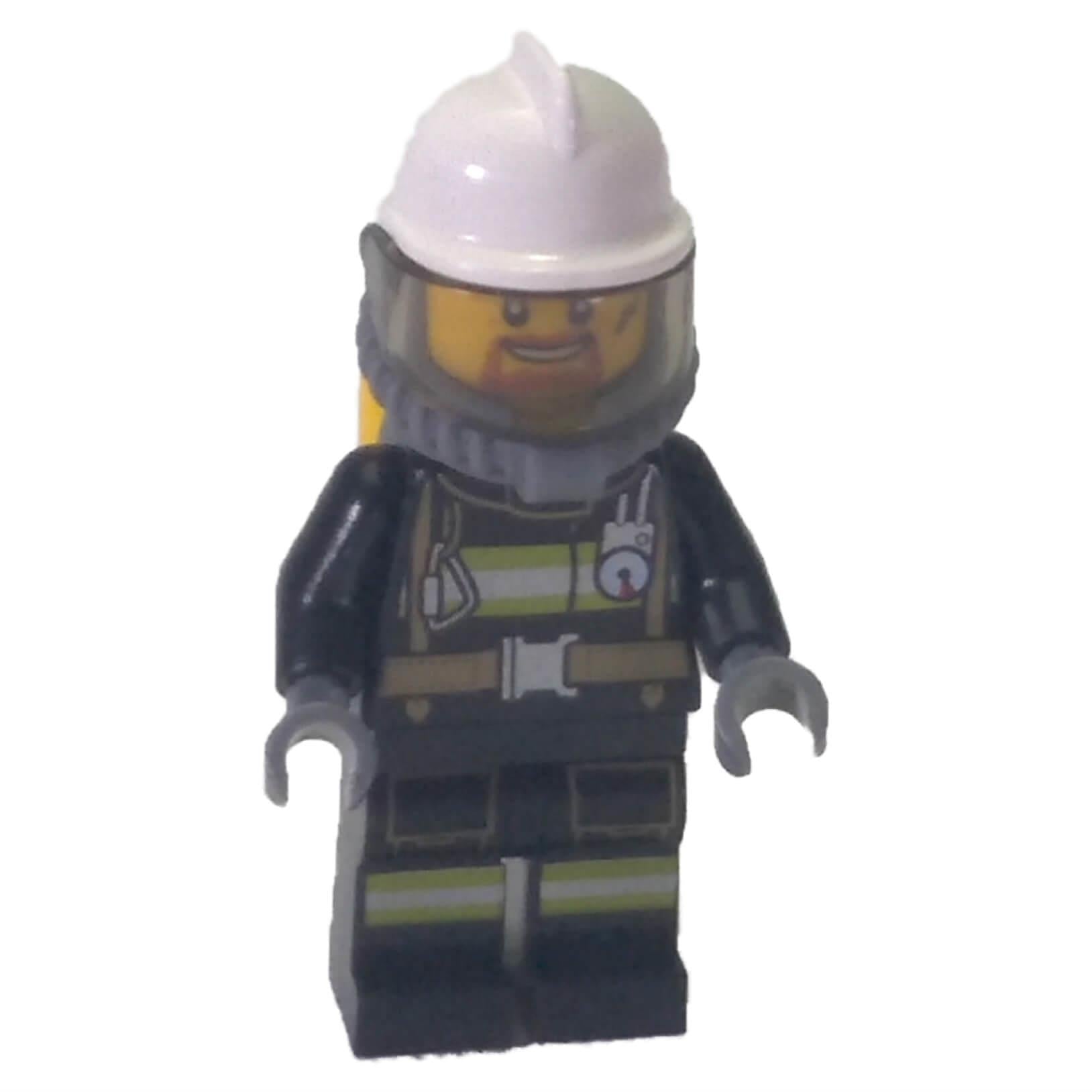 LEGO City firefighter minifigure cty0626 with white helmet, visor, breathing gear and reflective stripe uniform