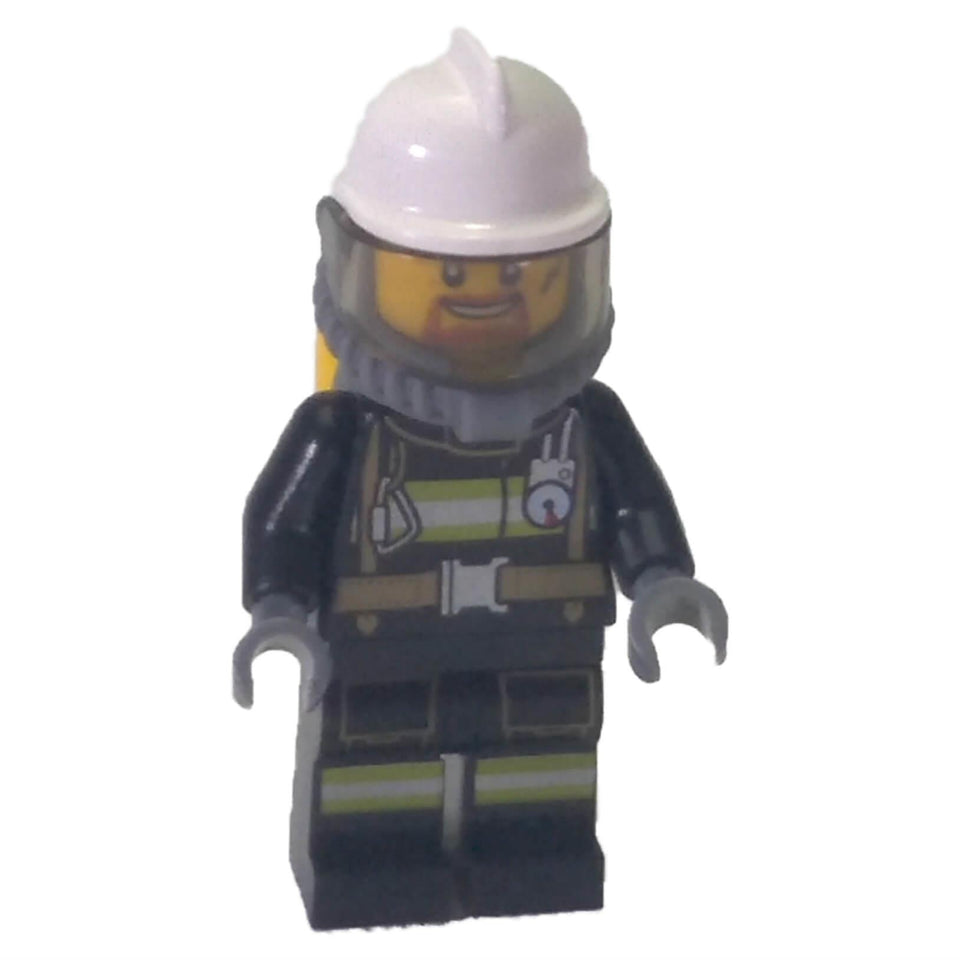 LEGO City firefighter minifigure cty0626 with white helmet, visor, breathing gear and reflective stripe uniform