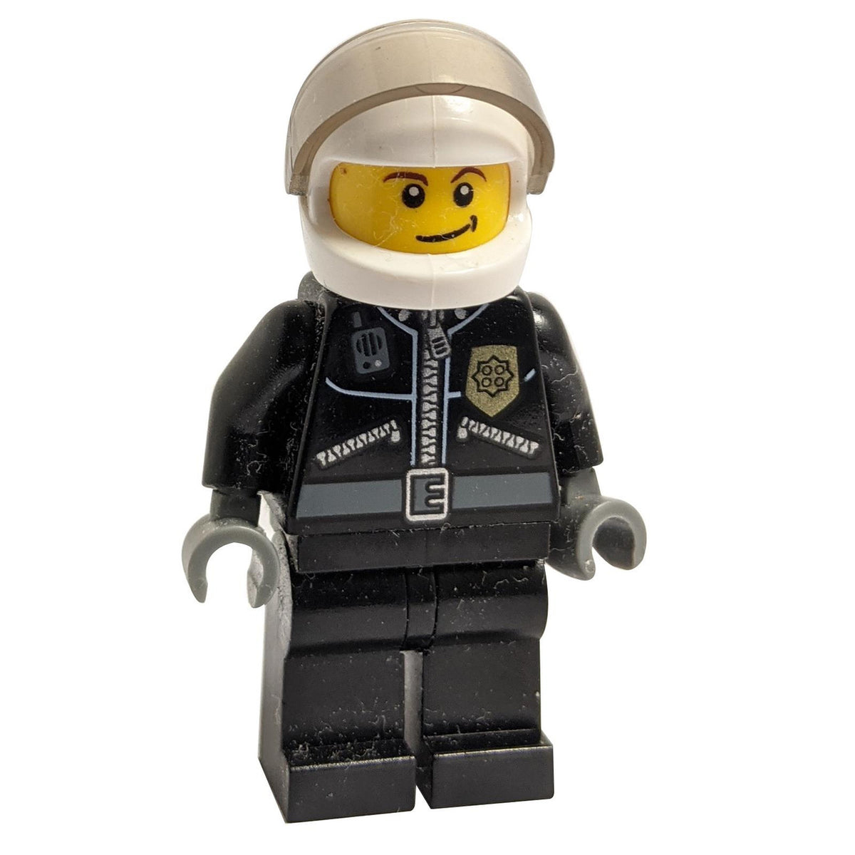 LEGO police minifigure cty393 in black jacket and white helmet.