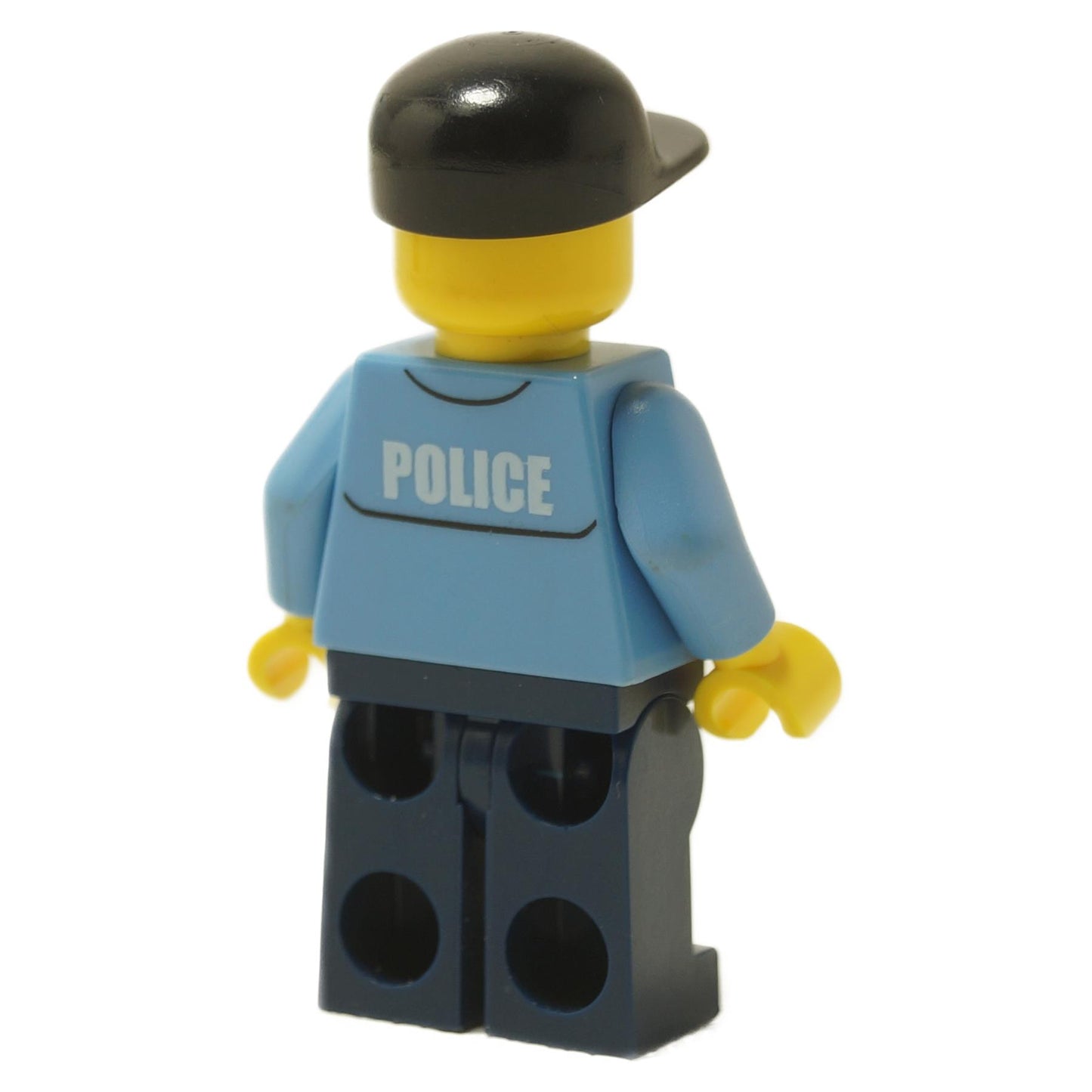 City police officer minifigure with blue uniform shirt, black cap, and standard law enforcement detailing, back profile view.