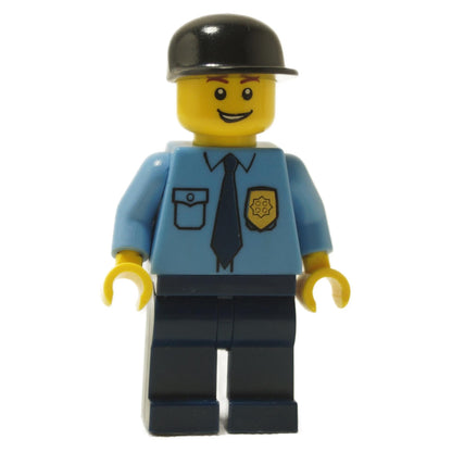 City police officer minifigure with blue uniform shirt, black cap, and standard law enforcement detailing
