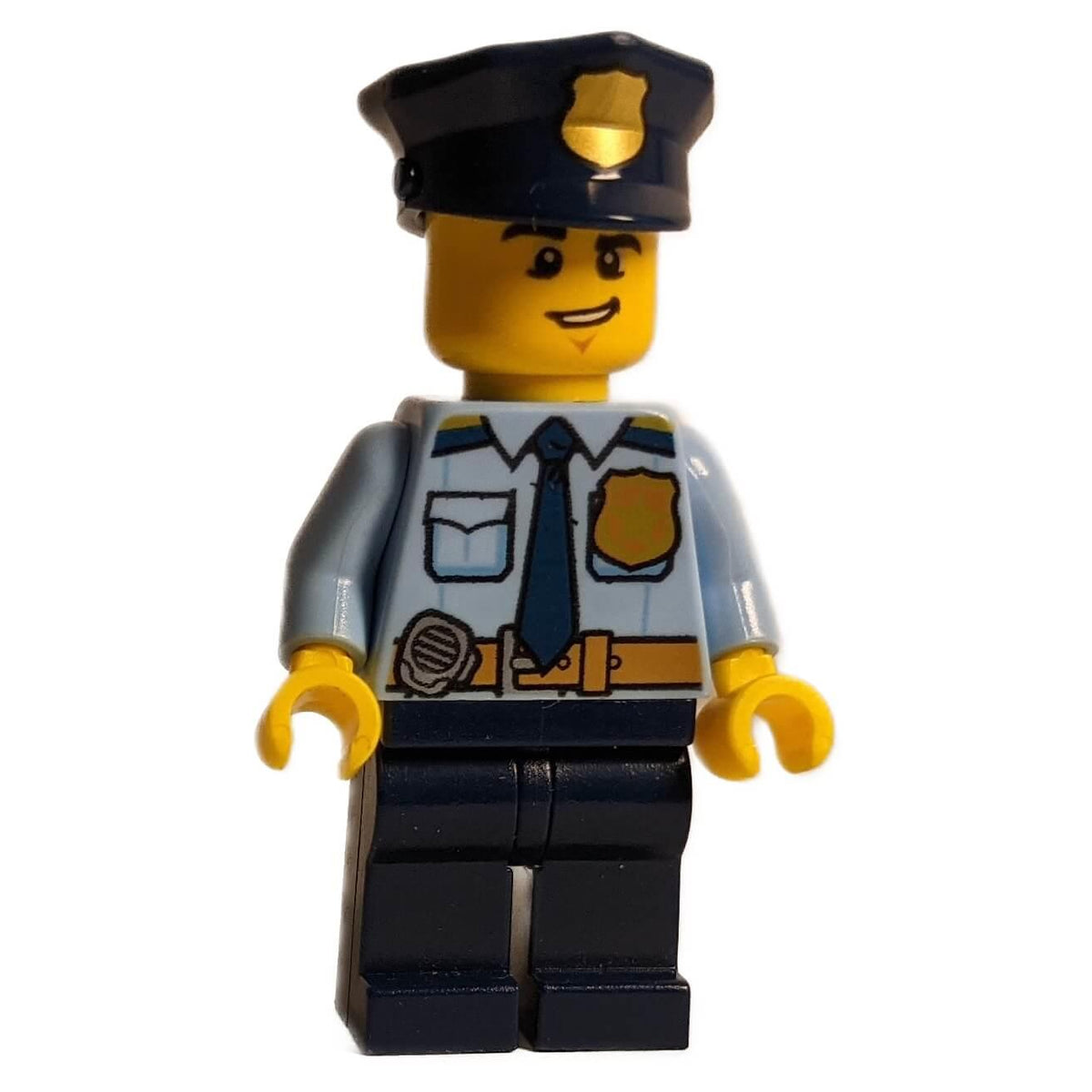 Police minifigure with city shirt gold badge hat and lopsided grin face