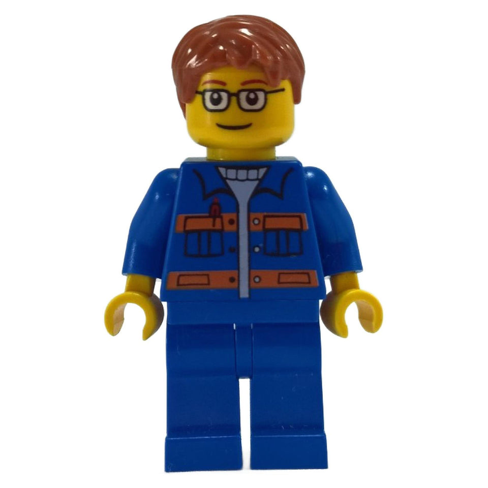 LEGO city worker minifigure with blue jacket glasses and brown hair front view