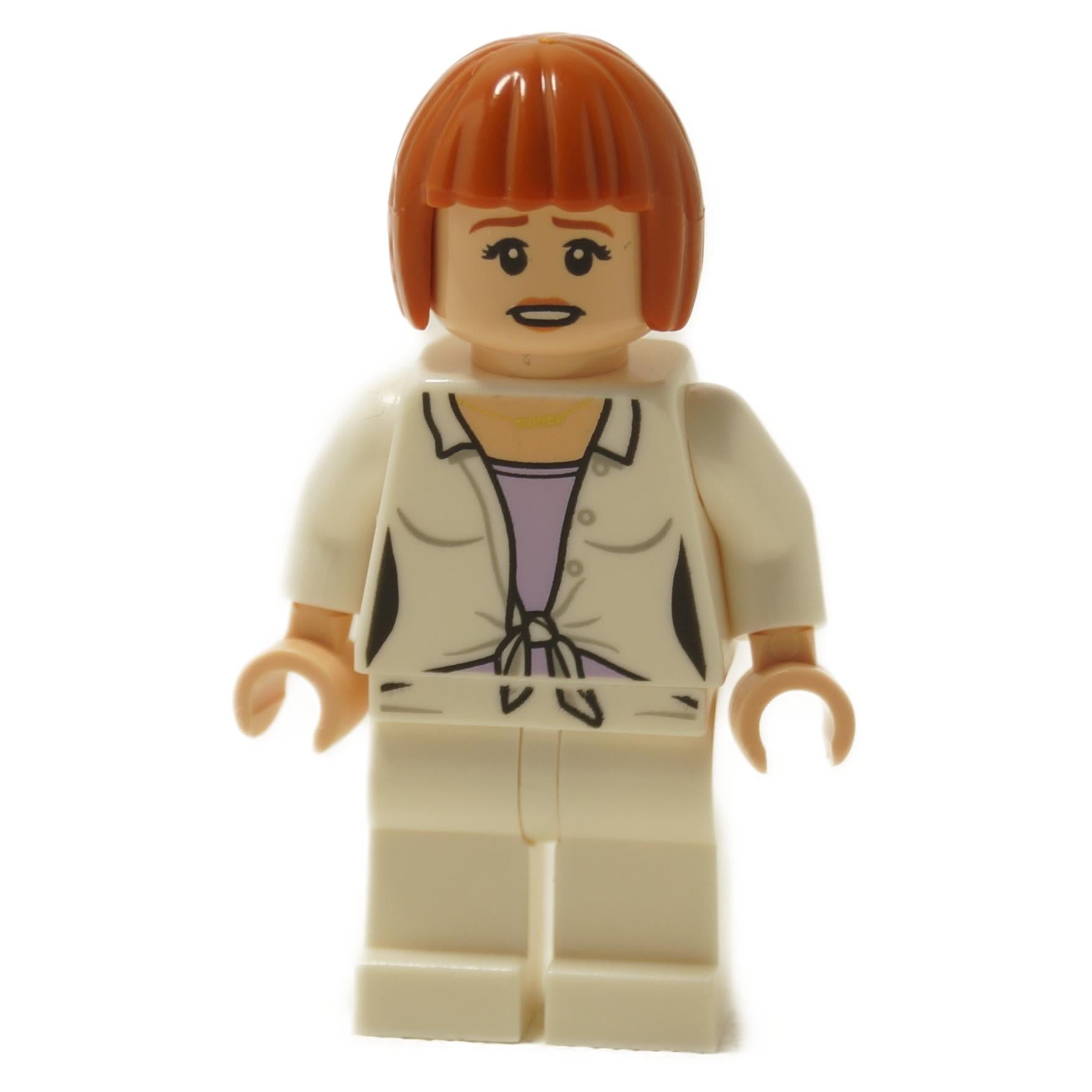 Claire Dearing minifigure angled front view showing printed torso details and off-white legs
