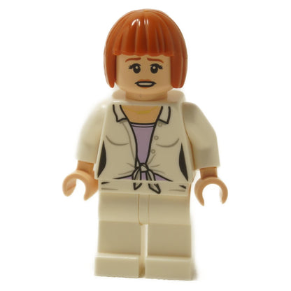 Claire Dearing minifigure angled front view showing printed torso details and off-white legs
