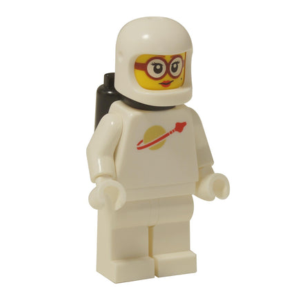 Front view of the LEGO® Classic Space female astronaut minifigure in a white suit, featuring a white helmet, black airtanks, and a head with red glasses.